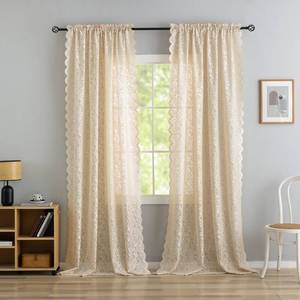 lot 12390 image: ALIGOGO Lace Beige Boho Curtains 96 Inches Long Set of 2 - Shabby Chic Semi Sheer Floral Curtains for Dining Room Rod Pocket Crochet Scalloped Edges Light Filtering Cottagecore Decor, 52 x 96 Inch