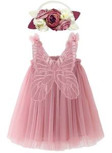 lot 12395 image: BGFKS Layered Butterfly Tulle Tutu Dress for Baby Girls,Toddler Girl Princess Dress with Flower Headband(Dusty Rose,12 Months) (Missing Headband)