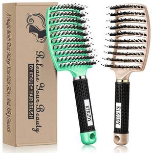lot 12407 image: KTKUDY Detangling Brush Getting Knots Out without Pain - Boar Bristles HairBrush Make Hair Shiny & Healthier Vented Detangler Brush for Women Men Kids Wet and Dry Hair (Gold & Green)