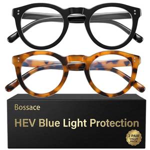 lot 12426 image: Bossace 2 Pack Round Blue Light Glasses for Women, TR90 Computer Glasses with Spring Hinge for All-Day Comfort, Anti UV Glare & Eyestrain