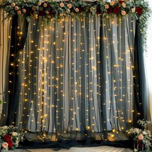 lot 12434 image: Black Sheer Backdrop Curtains with Lights String for Parties Birthday 10ft � 8ft Black Tulle Backdrop Curtain for Baby Shower Wedding Graduation Halloween Party Photo Shoot Decorations