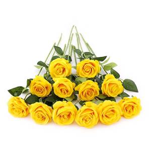 lot 12442 image: 12 PCS Artificial Flowers Roses Silk Flowers Fake Long Stem Artificial Roses for Home Wedding Decorations (Yellow)