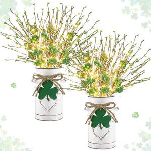 lot 13632 image: Tioncy 2 Sets St. Patricks Day Table Centerpieces Artificial Berry Stems Shamrock Flower Pick with Metal Vase and String Light Rustic Farmhouse Irish St Patricks Day Decorations for Home Office Desk