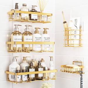 lot 13643 image: Liuoud 5 Pack Shower Caddy Organizer Rack Shelf for Inside Shower, Self Adhesive Wall Storage Basket Rustproof Stainless Steel Shampoo Holder Bathroom Accessory Decor Set, Gold