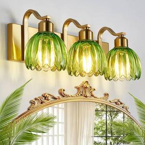 lot 13649 image: Aixialin 3-Light Vanity Lights with Green Tulip Glass Shade, Gold Bathroom Lighting Fixture Over Mirror, Vintage Vanity Wall Sconce Lamp for Kitchen Living Room Hallway