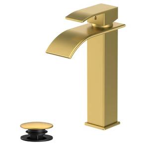 lot 13656 image: Rywuanku Tall Brushed Gold Bathroom Faucet Waterfall Spout, Single Handle Sink Faucet with Pop-up Drain & Deck Plate, Modern 1 Hole Vanity Faucet for Vessel Sink