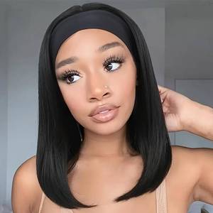 lot 14314 image: XC CLOUDS Human Hair Straight Bob Headband Wig, 14 Inch, 150% Density, Glueless, Natural Black