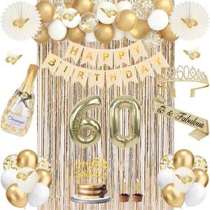 lot 14335 image: 60th Birthday Decorations for Women, Champagne Gold 60th Birthday Gifts for Women, 60 Sash and Crown, Banner, Fringe Curtains, Hanging Paper Fans, 60 Year Old Party Supplies Set