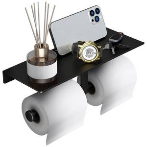 lot 14336 image: Danpoo Matte Black Toilet Paper Holder with Shelf, Wall-Mounted Bathroom Organizer, Double Roll