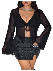 lot 14339 image: SHENHE Womens Plus Size Tie Front Sheer Mesh Bell Sleeve Shrug Bolero Cropped Top Coverup Black X-Large Plus