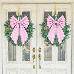lot 14342 image: Suncalla 2 Pcs Pink Plaid Wreath Bow 19.6 x 11.8 Coquette Front Door Hanger Cute Bow Wreath Accessories Xmas Party Yard Doorway Indoor Outdoor Wall Decoration