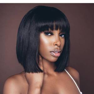 lot 14382 image: Adyutrlia Bob Wig Human Hair With Bangs Glueless 2x4 HD Lace Colsure Wigs, Ready to Go Short Wigs For Women Beginner Friendly (Natural Black, 8 inch)