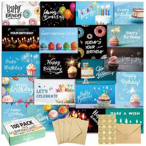 lot 14383 image: 100 Happy Birthday Cards with Envelopes, 20 Unique Designs, Birthday Cards Bulk with Short Generic Message Inside, 4x6 inches, Assorted Birthday Cards Assortment for Business, Office and Personal