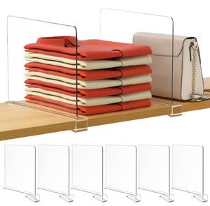 lot 15712 image: HBlife 12 Inches Tall Extra Tall Version Clear Shelf Dividers, 6 Pack Purse Organizer for Closet Perfect for Sweater, Shirts, Handbags, Acrylic Adjustable Bookshelf for Organization