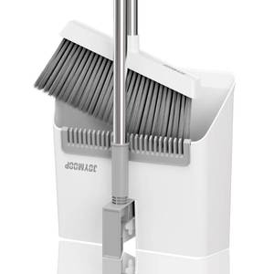 lot 15729 image: JOYMOOP White Broom and Dustpan Set, Upright Angle Design with Built-in Comb Teeth for Kitchen, Office, Pet Hair, Hard Floors