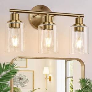 lot 15731 image: Zarbitta 3-Light Bathroom Light Fixtures, Brushed Brass Bathroom Wall Lights with Clear Glass Shade, Modern Bathroom Wall Lamp for Mirror Kitchen Living Room Hallway Cabinet