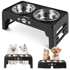 lot 15733 image: Jovrun Elevated Dog Bowls for Small Dogs and Cats, Non-Slip Cat Bowls with 2 Thick 5.5 Stainless Steel Dishes, Dog Feeder 2 Heights Adjustable to 2.6-5.3