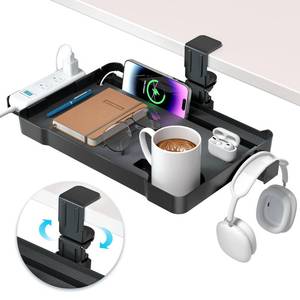 lot 15734 image: KDD Under Desk Organizer - 360° Rotating Clamp-On Tray with Headphone Hook, Phone & Tablet Holder, Cup Holder, and Cable Management - No Drilling Desk Storage Accessories for Office and Home