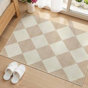lot 16426 image: Beeiva Checkered Print Washable Indoor Door Mats for Entryway, 2x3 Non Slip Ultra Thin Bathroom Rugs Fit Under Door, Moroccan Diamond Decor Beige Small Rugs for Bedroom Kitchen Laundry Entrance
