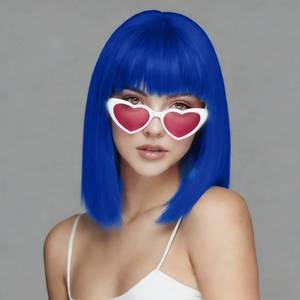 lot 16430 image: SUKRI Dark Blue Bob Wig With Bangs - Short Straight Bob Bangs Wig, 12Inch Heat Resistant Synthetic Hair, Natural Looking For Daily Party Use