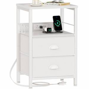 lot 17686 image: Furologee End Table with Charging Station, Nightstand with Fabric Drawers, Side Tables with USB Ports & Outlets, Night Stand with Storage Shelf & Hooks, for Living RoomBedroom, White