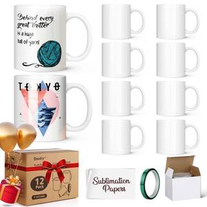 lot 17695 image: Dmsky Sublimation Coffee Mugs Tazas Para Sublimar 11 oz Blank Bulk Coffee Mug White Ceramic Photo Cups With Box, Heat Tape, sublimation paper Ideal for Crafts Printing Set of 11