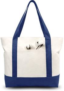 lot 17696 image: TOPDesign 6-Pack Canvas Tote Bags with an External Pocket, Reusable Grocery Shopping Bags, Top Zipper Closure, Daily Essentials (BlueNatural)