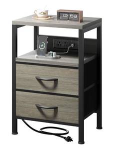 lot 17700 image: Lazzanto NightStand Bedside Charging Table Bedroom - Night Stand with Charger Station, Modern Nightstand with Open Shelf & 2 Fabric Drawers, End Table with USB-C USB Ports & AC Outlets for Dorm, Grey
