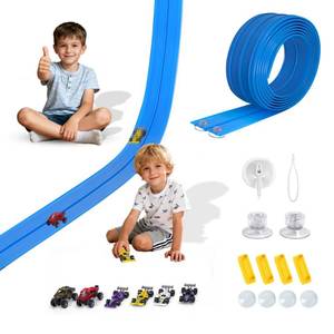 lot 17701 image: Portable DIY 16ft Flexible Race Track with Roll-Up Storage Compatible with 164 Diecast Cars Ages 3��Includes 6 Racing Cars��