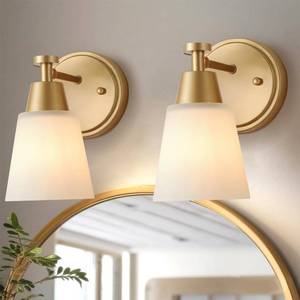 lot 17705 image: SENKERFAN Wall Light Fixtures, 2-Pack Brushed Gold Vanity Lights with Milk Glass Shade, Modern Farmhouse Wall Sconces for Gallery, Mirror, Bedroom, and Bathroom,1 Light