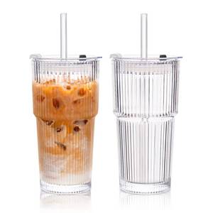 lot 17708 image: KEMORELA 2-Pack 20 oz Ribbed Glass Tumblers with Lids and Glass Straws �� Vintage Iced Coffee Cups, Reusable Smoothie & Cocktail Drinking Glasses, Clear Glassware for Home or Cafe