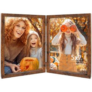 lot 18236 image: NDUFOA 5x7 Double Picture Frames Vertical Hinged Wood Bifold Photo Frame for Tabletop Display, Brown