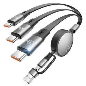 lot 18248 image: CAFELE Retractable Charging Cable, 100W USB C Fast Charger Cable 3 in 1 with 30-130cm Adjustable Length, Multi-Port Cord for Laptop, Phone, Car, Travel - PD3.1QC5.0��Grey��