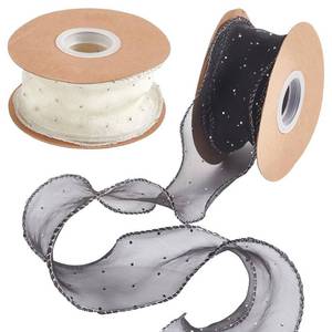 lot 18258 image: CABODYALS 2 Roll 20 Yards 2 Inch Glitter Sheer Ruffle Edge Ribbon Black White Transparent Rhinestone Organza Silk Mesh Yarn Ruffled Iridescent Wired Ribbons for Sewing Making Crafts Bouquet Home Decor