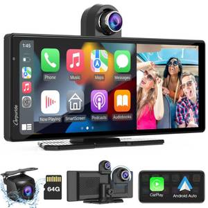 lot 18309 image: Carpuride W903 Wireless Carplay & Android Auto with Dash Cam - 9.3 HD IPS Touch Car Play Screen for Car, 4K Front & 1080P Rear Camera, Loop Recording, Bluetooth Audio, Mirror Link, GPS, Siri