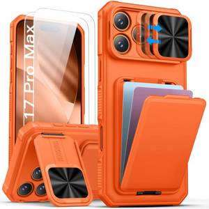lot 18311 image: SSLOTSCASE for iPhone 17 Pro Max Case with 2X Screen Protector, HD Clear Anti-Scratch, Card Holder & Stand & Sliding Camera Cover, Men Women Drop Protection Case Cover for iPhone 17 Pro Max, Orange
