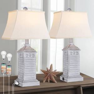 lot 18316 image: Hamucd Coastal Table Lamps Set of 2, Beach Living Lamps for Bedroom with USB AC, Antique Grey Modern Resin LED 3-Color Temperature Bedside Nautical Decor, Nightstand Tropical Lamps for End Table.