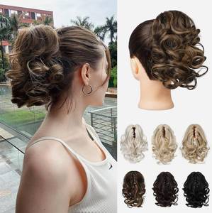 lot 18323 image: REECHO Ponytail Extension, 9 Claw Clip in Short Curly Wavy Pony Hair Extension Jaw Clip on Pony Tail HP001 Hairpiece for Women - Chocolate Brown with Highlights
