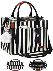 lot 18331 image: FIORETTO Womens Canvas Tote Bag with Zipper Top, Individual Compartments, Reinforced Bottom, Trolley Sleeve & Adjustable Strap, Doubles as a Crossbody Purse for Work, Travel & Bible, Stripes Black XL