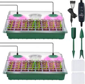 lot 19254 image: YAUNGEL Seed Starter Tray with Grow Light, Seed Starter Kit with Timing Controller Adjustable Brightness,80 Cells Seed Starter Tray for Indoor Planting with Humidity Domes Heightened Lids 2 Pack