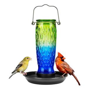 lot 19261 image: Kingsyard Bird Water Feeder for Outside, 24 Ounce, Glass Bird Water Dispenser with Metal Hanging for Garden Yard Outside Decoration, Green & Blue