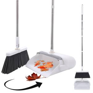 lot 19267 image: Heavy Duty Broom and Standing Dustpan Combo Set, Rotatable Head Dust Pan and Brush Set with Collapsible Handle, Cleaning Teeth, Hanging Loop, Ideal for Pets, RV, Kitchen, Camping, Outdoor Floor, White