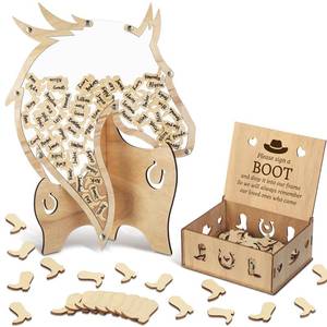 lot 19275 image: Cinnvoice Wedding Guest Book Alternative, Wooden Western Cowboy Wedding Decorations for Reception Wedding Guest Book Drop Box with 100 Cowboy Boots Sign, Anniversary Decorations (Horse Head)