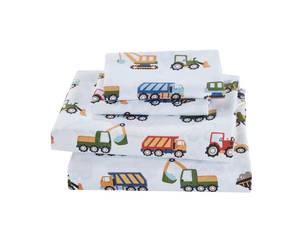 lot 19311 image: Linen Plus Sheet Set for Kids Construction Tractors Excavators Loaders Dump Trucks Compactors White Blue Red Green Yellow Grey Flat Fitted and Pillow Cases Full Size New