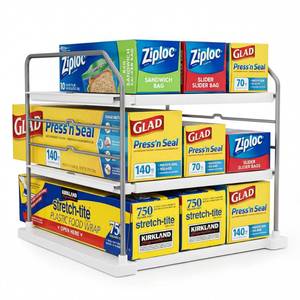 lot 19332 image: EVERIE Extendable 3-Tier Kitchen Cabinet & Pantry Organizer for Plastic Wrap, Foil & Storage Bags, Adjustable Heavy Duty Shelf Rack for Wrap Boxes, Jars & Snack Boxes (11��16.7 in Wide), Pack of 1