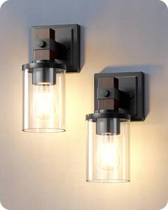lot 19338 image: EDISHINE Wall Sconces Set of 2, Farmhouse Vanity Light Fixtures with Clear Glass Shade & Dark Brown Wood Grain Paint, 1-Light Wall Mount Lamp for Bathroom, Hallway, Living Room, Mirror, Kitchen