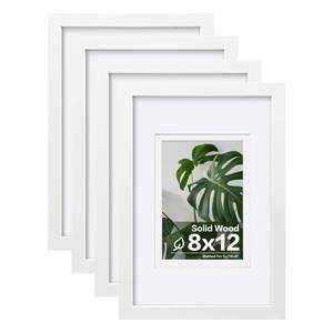 lot 19342 image: Egofine 8x12 Picture Frames Set of 4, Made of Solid Wood Covered by Plexiglass 5x7 and 6x8 with Mat or 8x12 without Mat, for Table Top Display and Wall Mounting Photo Frame White