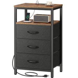 lot 19343 image: Huuger Nightstand with Charging Station, 27.6 Inch End Table Bedside Table with USB Ports and Outlets, Fabric Drawers, Night Stand for Bedroom, Rustic Brown and Black