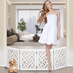 lot 19344 image: Cut-Out Design 16 Short Dog Gate for Small Dogs, Foldable Retractable Puppy Gate Indoor - Freestanding Lightweight Pet Barrier for Doorways, Stairs, Hallways (Extends to 41, White)