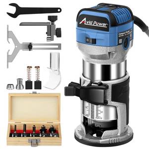 lot 19361 image: AVID POWER 6.5 Amp 1.25 HP Compact Router Tools for Woodworking, Fixed Base Wood Router with Trim Router Bits, 6 Variable Speeds, Edge Guide, Roller Guide, Dust Hood (Blue, 65mm)(Used)